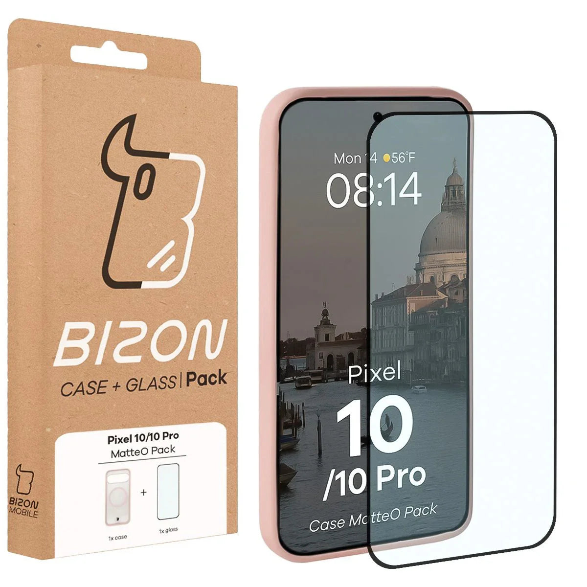 Schutzhülle mit Magnetring + gehärtetem Glas für Google Pixel 10 / 10 Pro, Bizon MatteO Pack, Getönt-Hellrosa