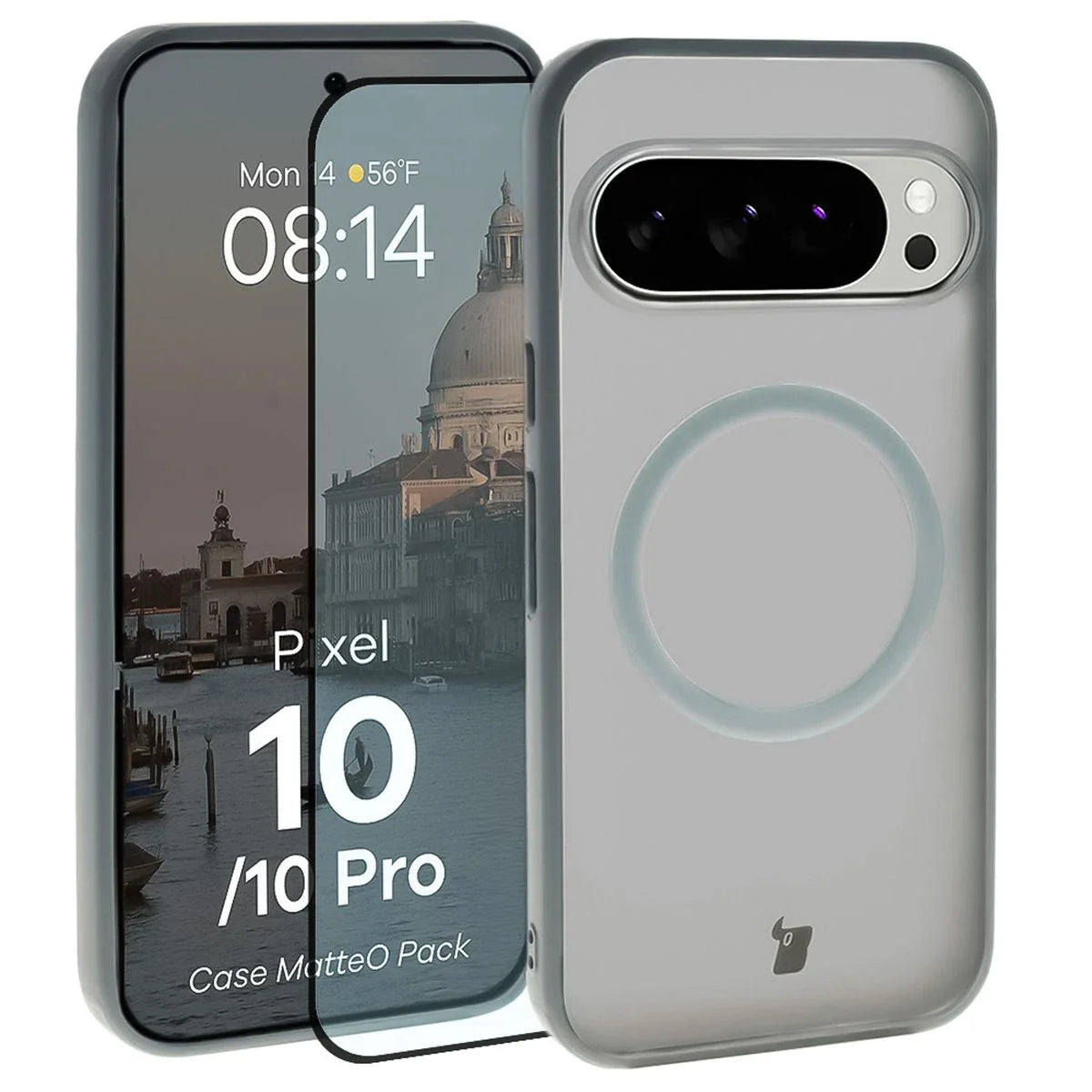 Schutzhülle mit Magnetring + gehärtetem Glas für Google Pixel 10 / 10 Pro, Bizon MatteO Pack, Getönt-Grau