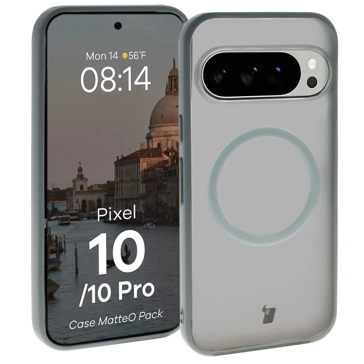 Schutzhülle mit Magnetring + gehärtetem Glas für Google Pixel 10 / 10 Pro, Bizon MatteO Pack, Getönt-Grau