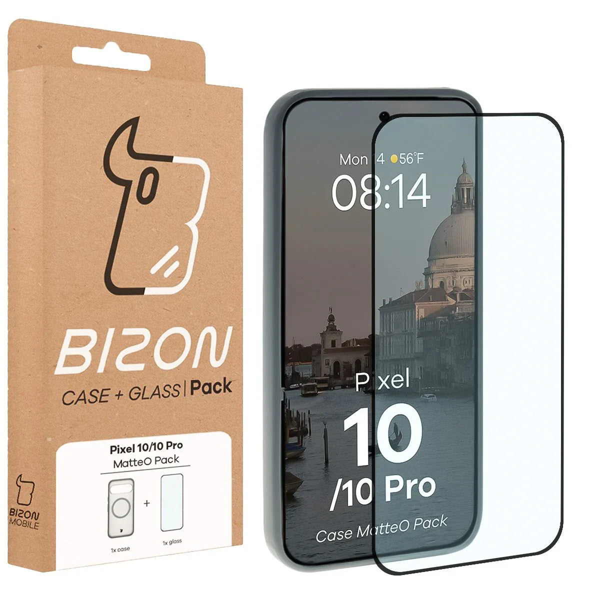 Schutzhülle mit Magnetring + gehärtetem Glas für Google Pixel 10 / 10 Pro, Bizon MatteO Pack, Getönt-Grau