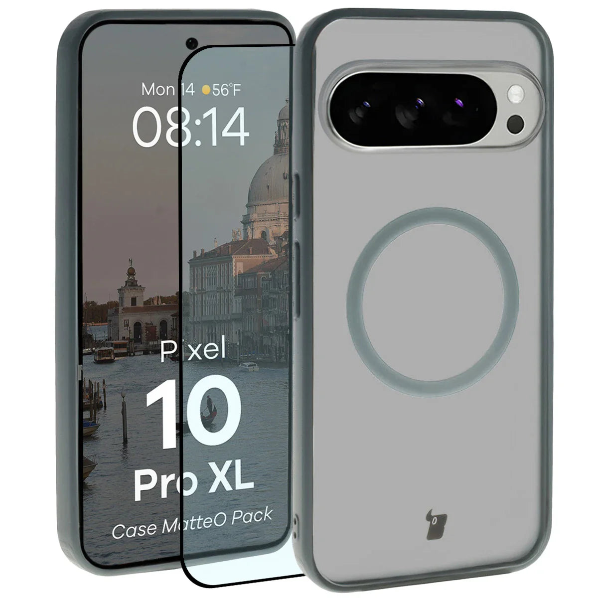 Schutzhülle mit Magnetring + gehärtetem Glas Bizon MatteO Pack für Google Pixel 10 Pro XL, Getönt-Grau