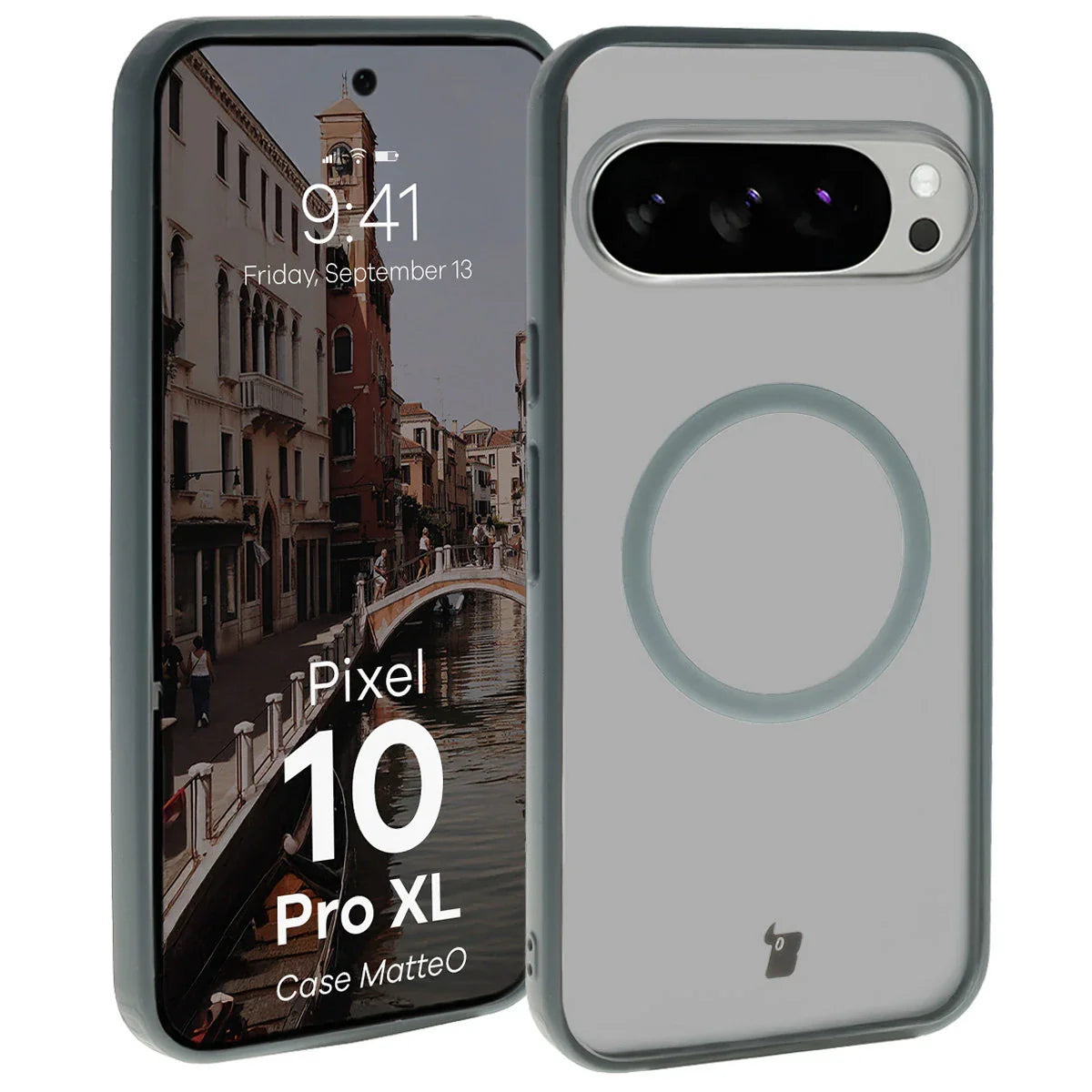 Schutzhülle mit Magnetring + gehärtetem Glas Bizon MatteO Pack für Google Pixel 10 Pro XL, Getönt-Grau
