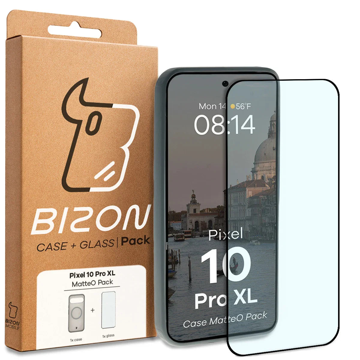 Schutzhülle mit Magnetring + gehärtetem Glas Bizon MatteO Pack für Google Pixel 10 Pro XL, Getönt-Grau