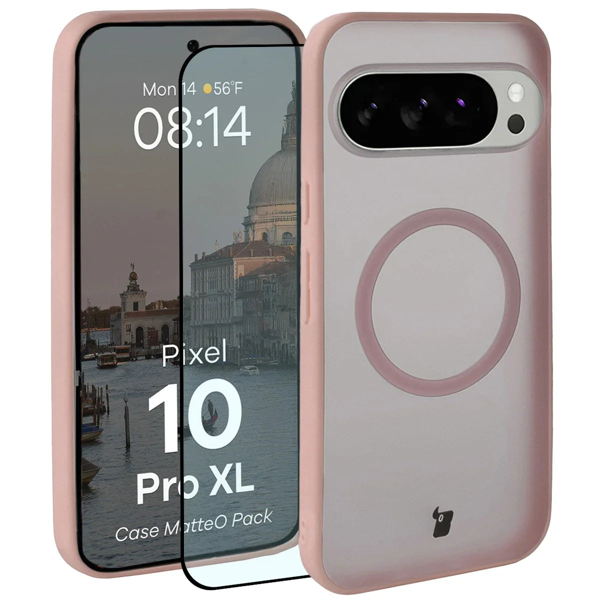 Schutzhülle mit Magnetring + gehärtetem Glas für Google Pixel 10 Pro XL, Bizon MatteO Pack, Getönt-Rosa