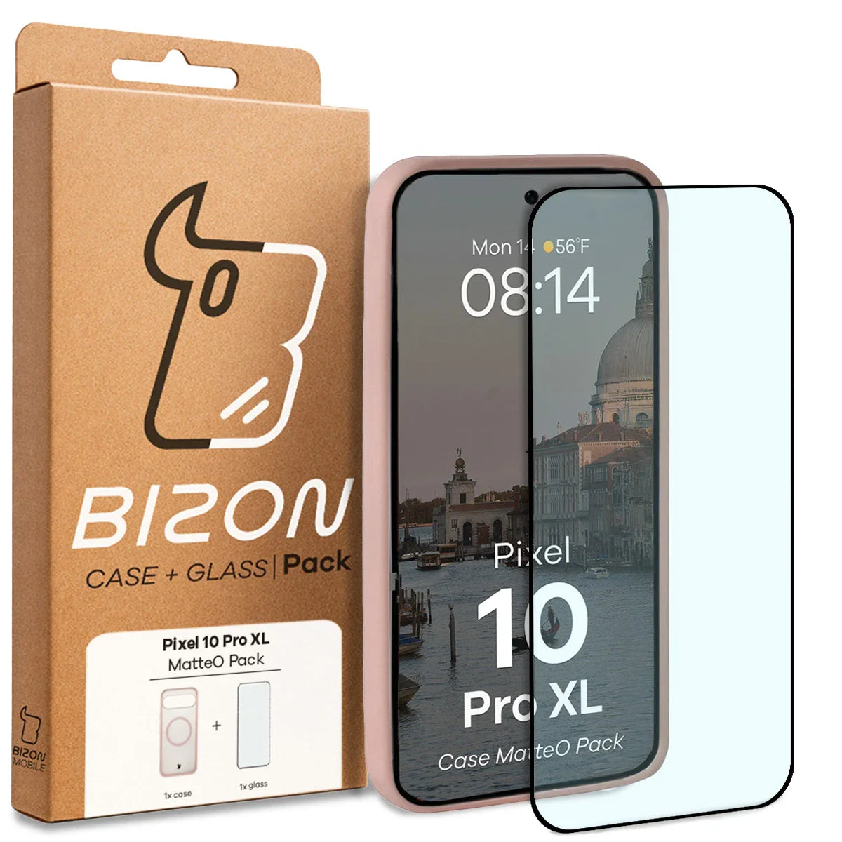 Schutzhülle mit Magnetring + gehärtetem Glas für Google Pixel 10 Pro XL, Bizon MatteO Pack, Getönt-Rosa