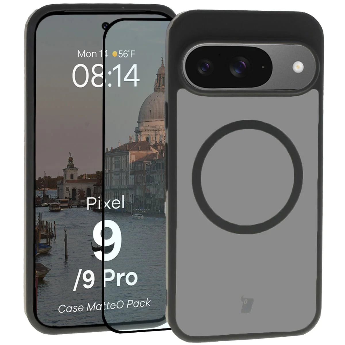 Schutzhülle mit Magnetring + gehärtetem Glas für Google Pixel 9 / 9 Pro, Bizon MatteO Pack, Getönt-Schwarz