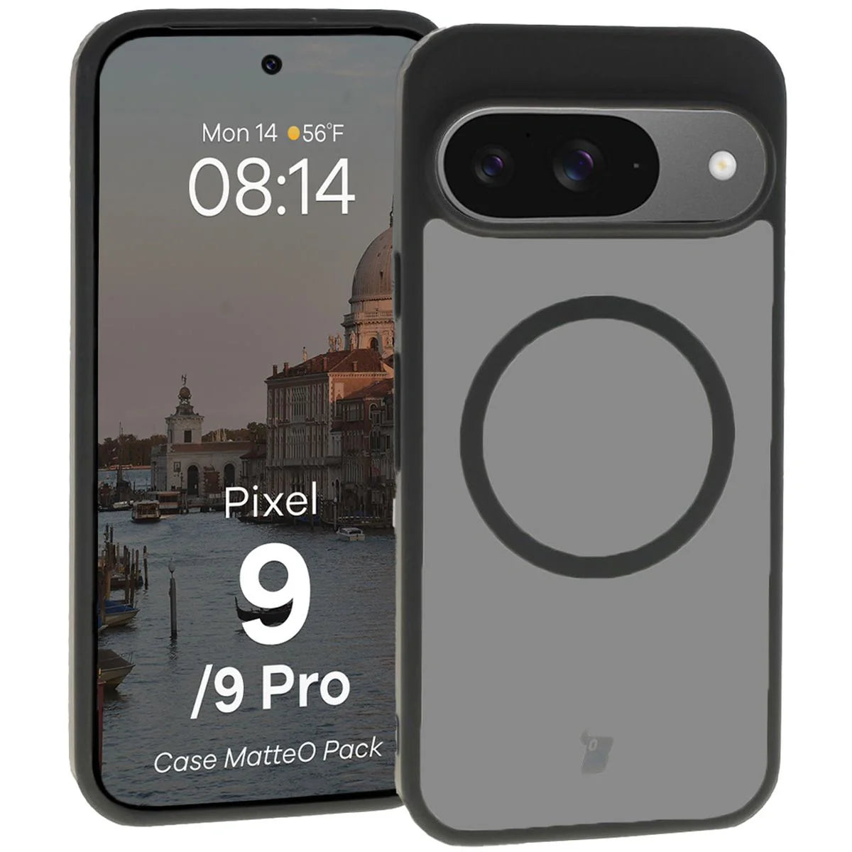 Schutzhülle mit Magnetring + gehärtetem Glas für Google Pixel 9 / 9 Pro, Bizon MatteO Pack, Getönt-Schwarz