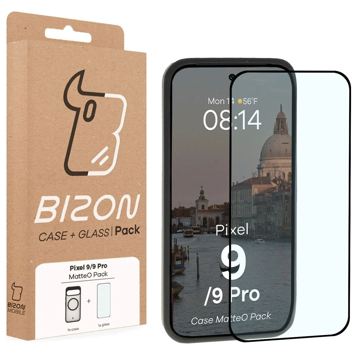 Schutzhülle mit Magnetring + gehärtetem Glas für Google Pixel 9 / 9 Pro, Bizon MatteO Pack, Getönt-Schwarz