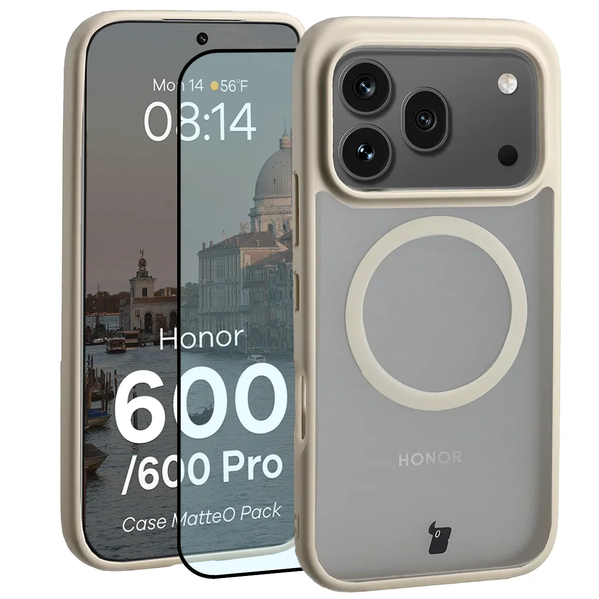 Schutzhülle mit Magnetring + gehärtetem Glas für Honor 600 5G / 600 Pro 5G, Bizon MatteO Pack, Getönt-Beige