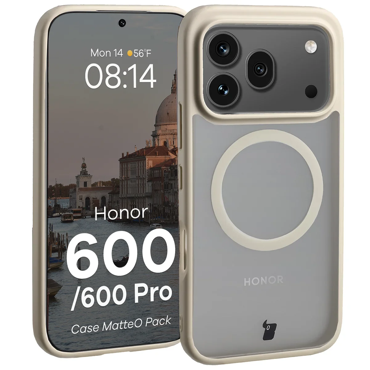 Schutzhülle mit Magnetring + gehärtetem Glas für Honor 600 5G / 600 Pro 5G, Bizon MatteO Pack, Getönt-Beige