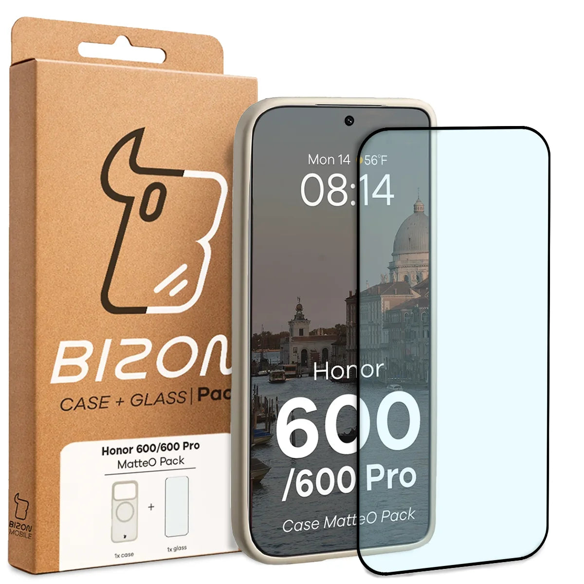 Schutzhülle mit Magnetring + gehärtetem Glas für Honor 600 5G / 600 Pro 5G, Bizon MatteO Pack, Getönt-Beige