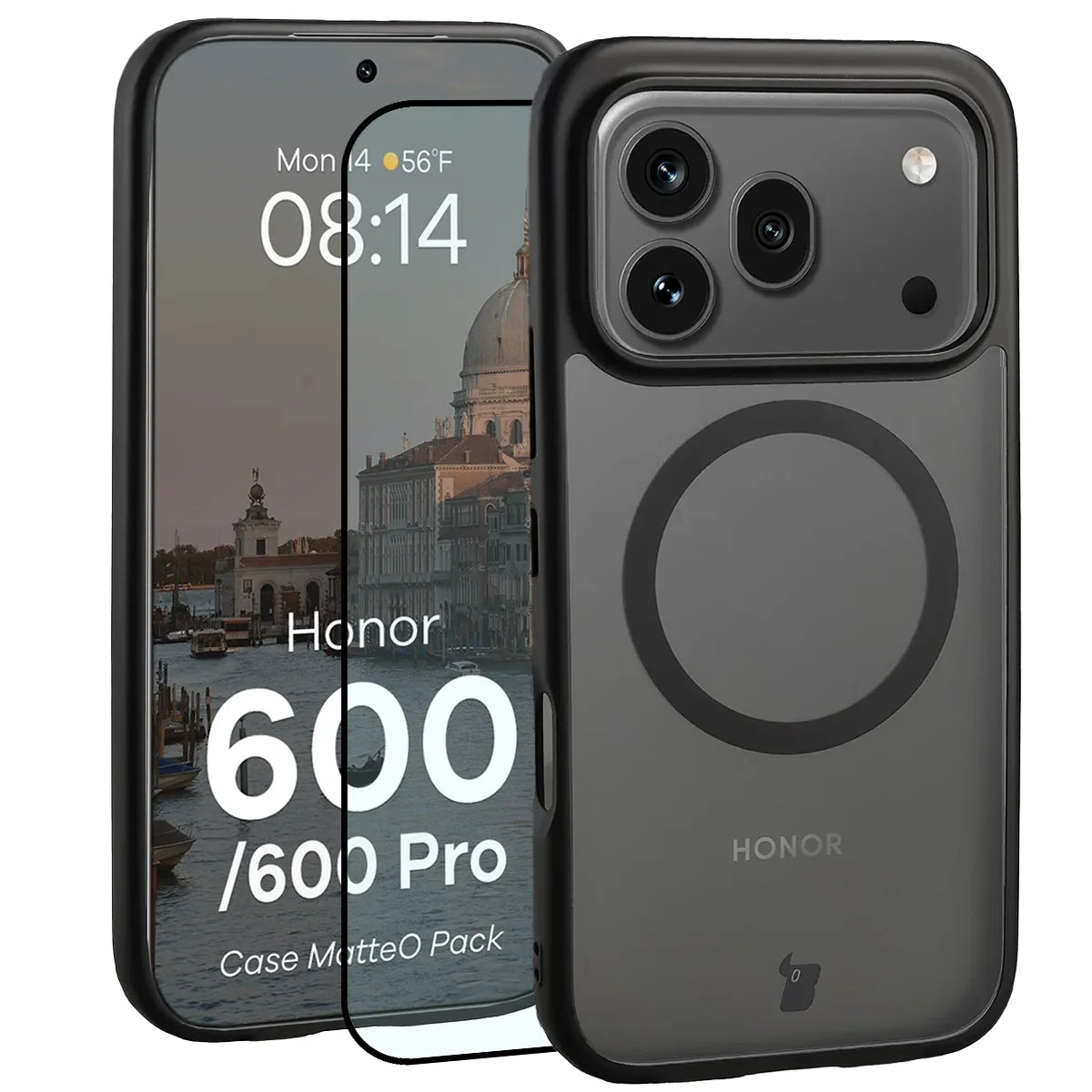 Schutzhülle mit Magnetring + gehärtetem Glas für Honor 600 5G / 600 Pro 5G, Bizon MatteO Pack, Getönt-Schwarz