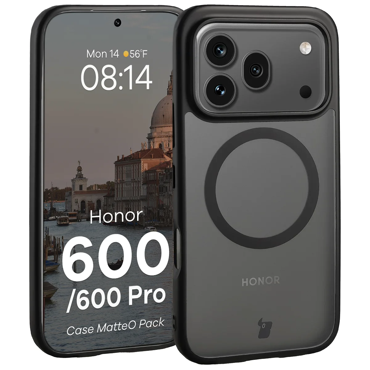 Schutzhülle mit Magnetring + gehärtetem Glas für Honor 600 5G / 600 Pro 5G, Bizon MatteO Pack, Getönt-Schwarz