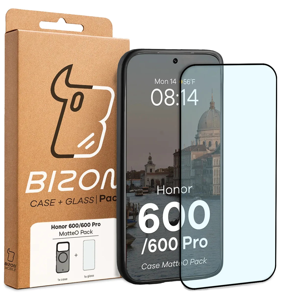 Schutzhülle mit Magnetring + gehärtetem Glas für Honor 600 5G / 600 Pro 5G, Bizon MatteO Pack, Getönt-Schwarz