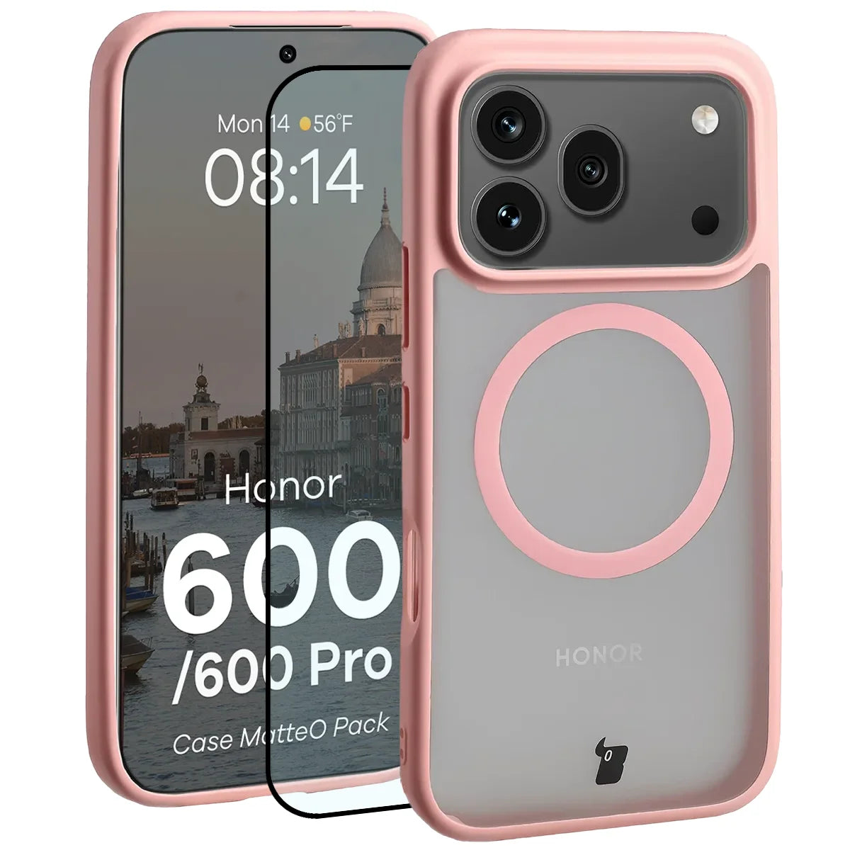 Schutzhülle mit Magnetring + gehärtetem Glas für Honor 600 5G / 600 Pro 5G, Bizon MatteO Pack, Getönt-Hellrosa