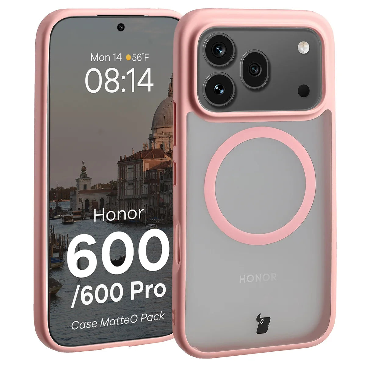 Schutzhülle mit Magnetring + gehärtetem Glas für Honor 600 5G / 600 Pro 5G, Bizon MatteO Pack, Getönt-Hellrosa