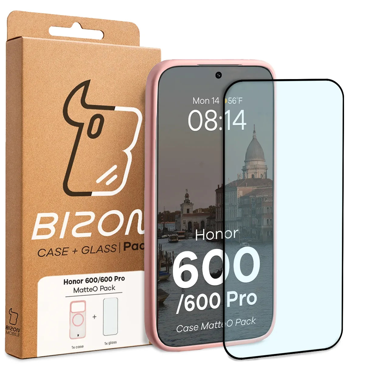 Schutzhülle mit Magnetring + gehärtetem Glas für Honor 600 5G / 600 Pro 5G, Bizon MatteO Pack, Getönt-Hellrosa