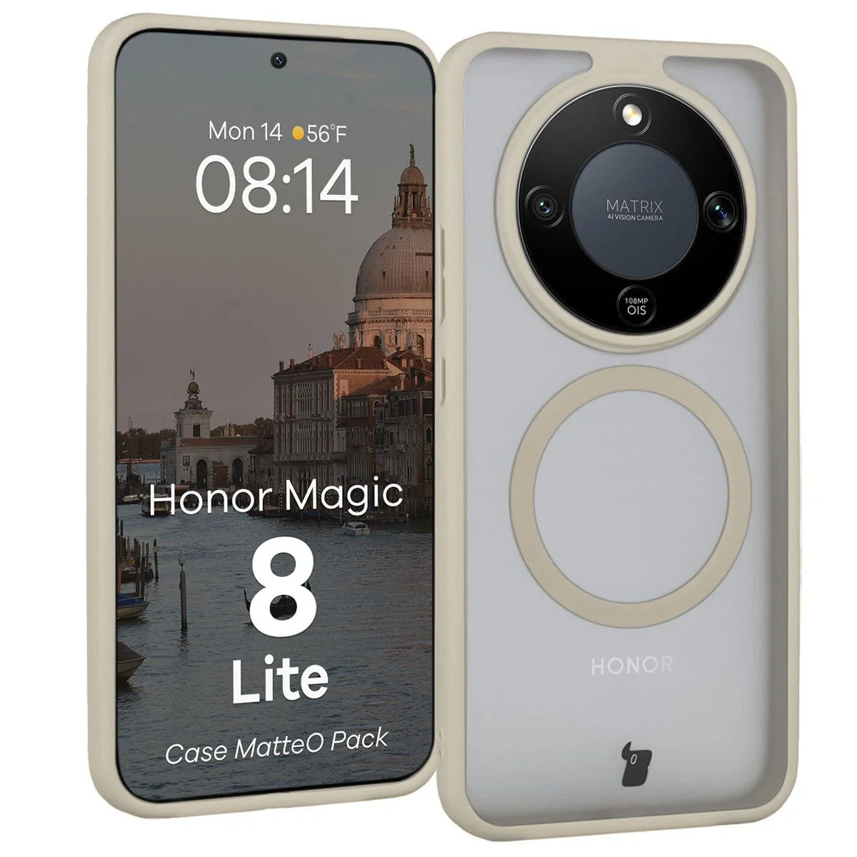 Schutzhülle mit Magnetring + gehärtetem Glas Bizon MatteO Pack für Honor Magic8 Lite, Getönt-Beige