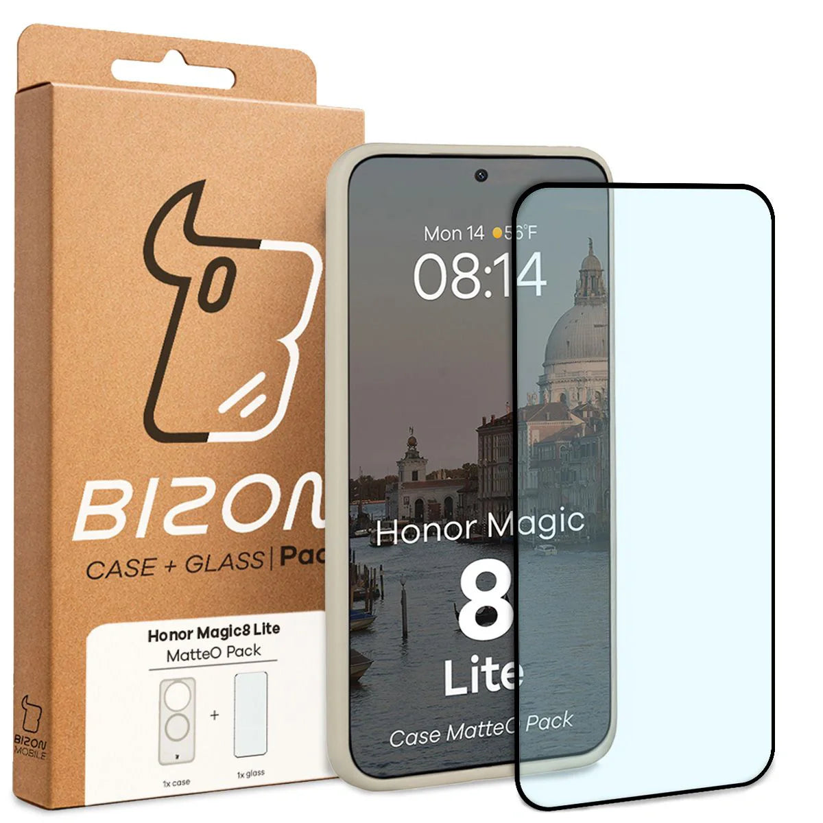 Schutzhülle mit Magnetring + gehärtetem Glas Bizon MatteO Pack für Honor Magic8 Lite, Getönt-Beige