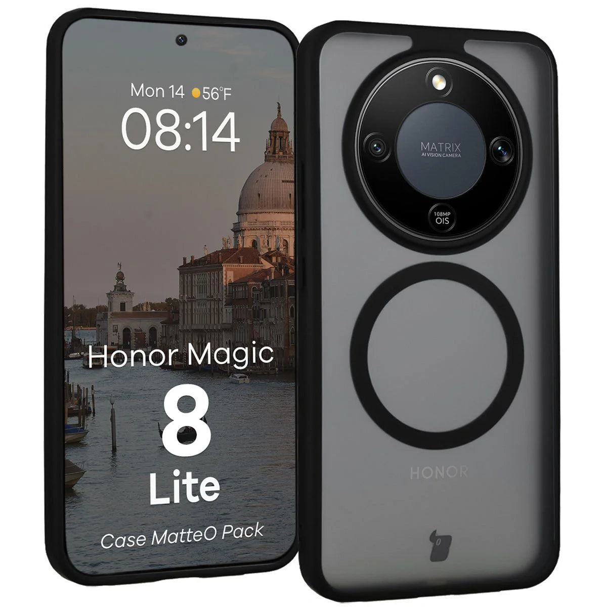 Schutzhülle mit Magnetring + gehärtetem Glas für Honor Magic8 Lite, Bizon MatteO Pack, Getönt-Schwarz
