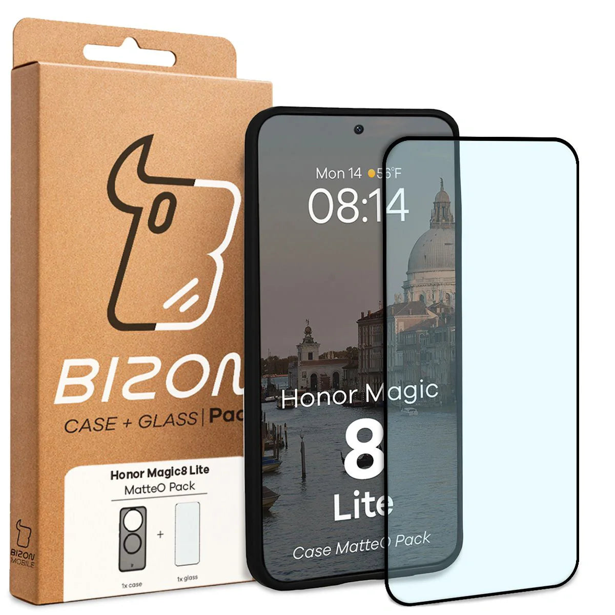 Schutzhülle mit Magnetring + gehärtetem Glas für Honor Magic8 Lite, Bizon MatteO Pack, Getönt-Schwarz
