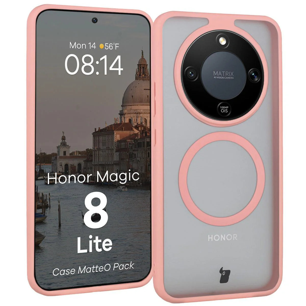 Schutzhülle mit Magnetring + gehärtetem Glas für Honor Magic8 Lite, Bizon MatteO Pack, Getönt-Hellrosa