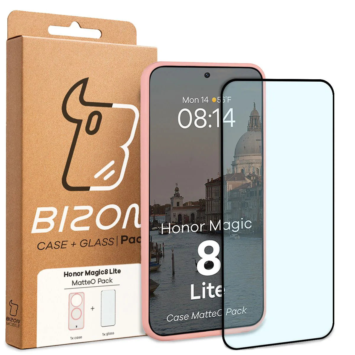 Schutzhülle mit Magnetring + gehärtetem Glas für Honor Magic8 Lite, Bizon MatteO Pack, Getönt-Hellrosa