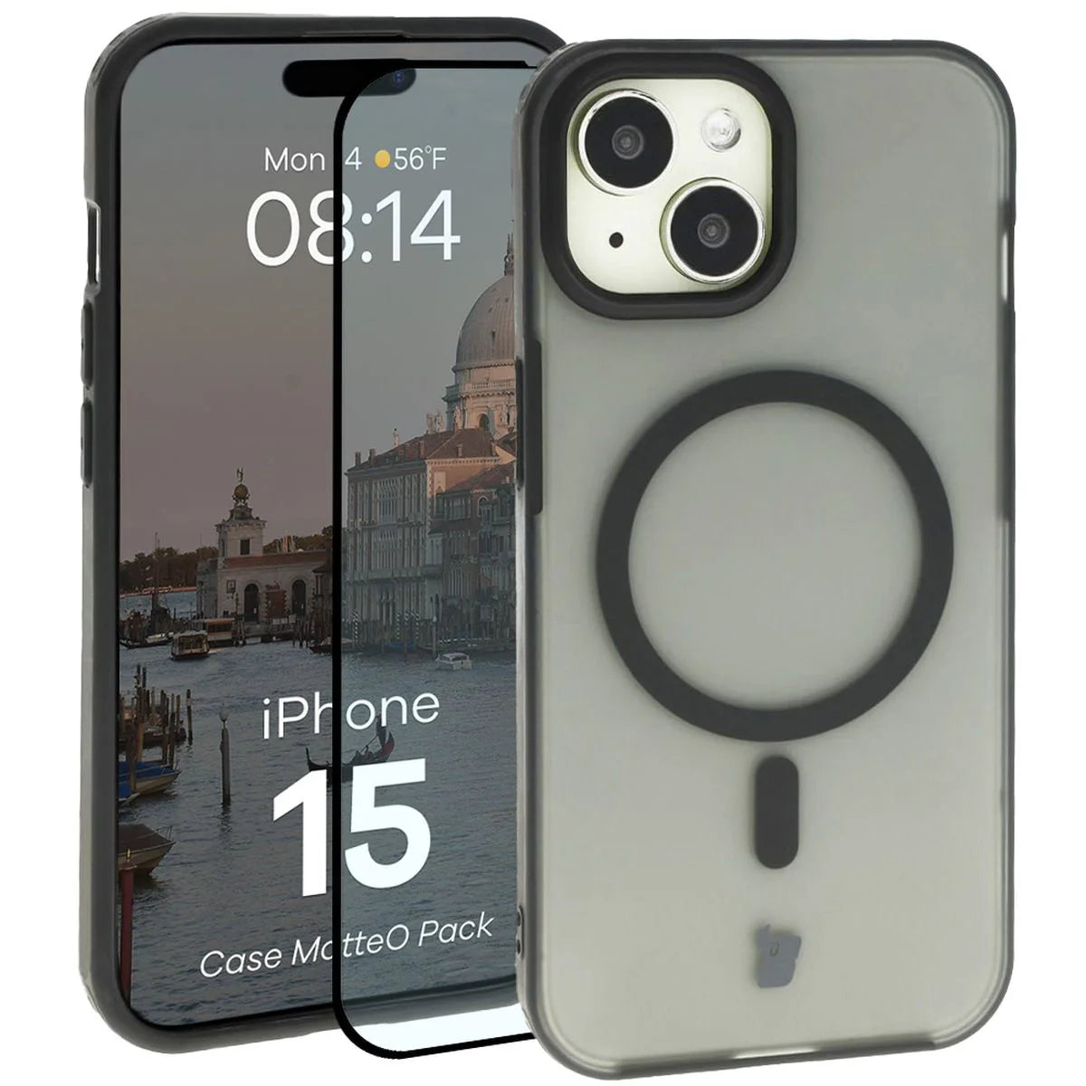 Schutzhülle mit Magnetring + gehärtetem Glas für iPhone 15, Bizon MatteO Pack, Getönt-Schwarz