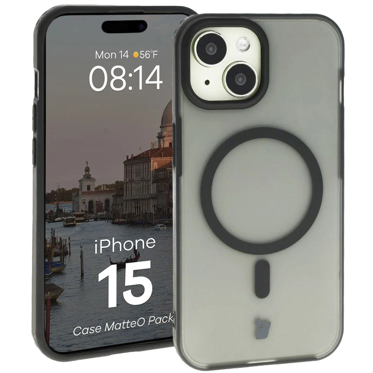Schutzhülle mit Magnetring + gehärtetem Glas für iPhone 15, Bizon MatteO Pack, Getönt-Schwarz