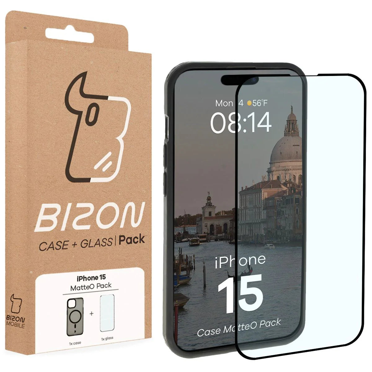 Schutzhülle mit Magnetring + gehärtetem Glas für iPhone 15, Bizon MatteO Pack, Getönt-Schwarz