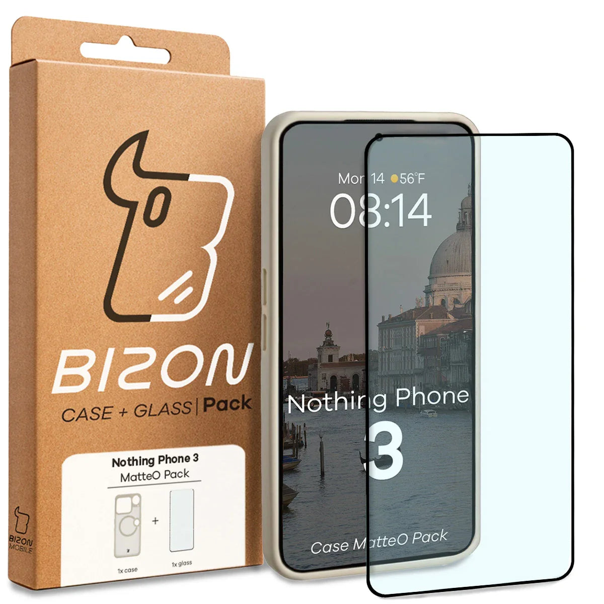 Schutzhülle mit Magnetring + gehärtetem Glas für Nothing Phone (3), Bizon MatteO Pack, Getönt-Beige