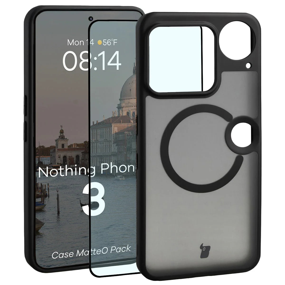 Schutzhülle mit Magnetring + gehärtetem Glas für Nothing Phone (3), Bizon MatteO Pack, Getönt-Schwarz