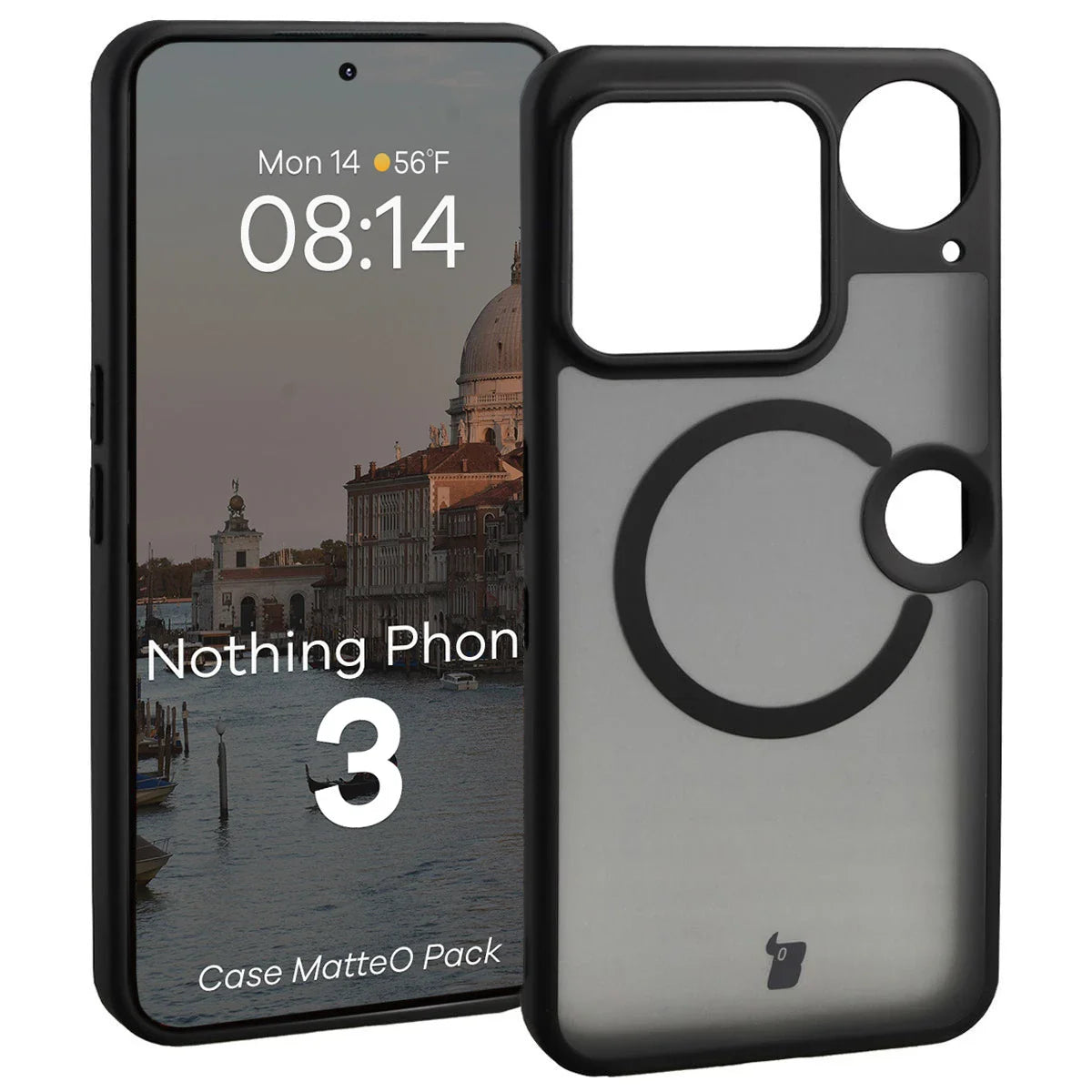 Schutzhülle mit Magnetring + gehärtetem Glas für Nothing Phone (3), Bizon MatteO Pack, Getönt-Schwarz