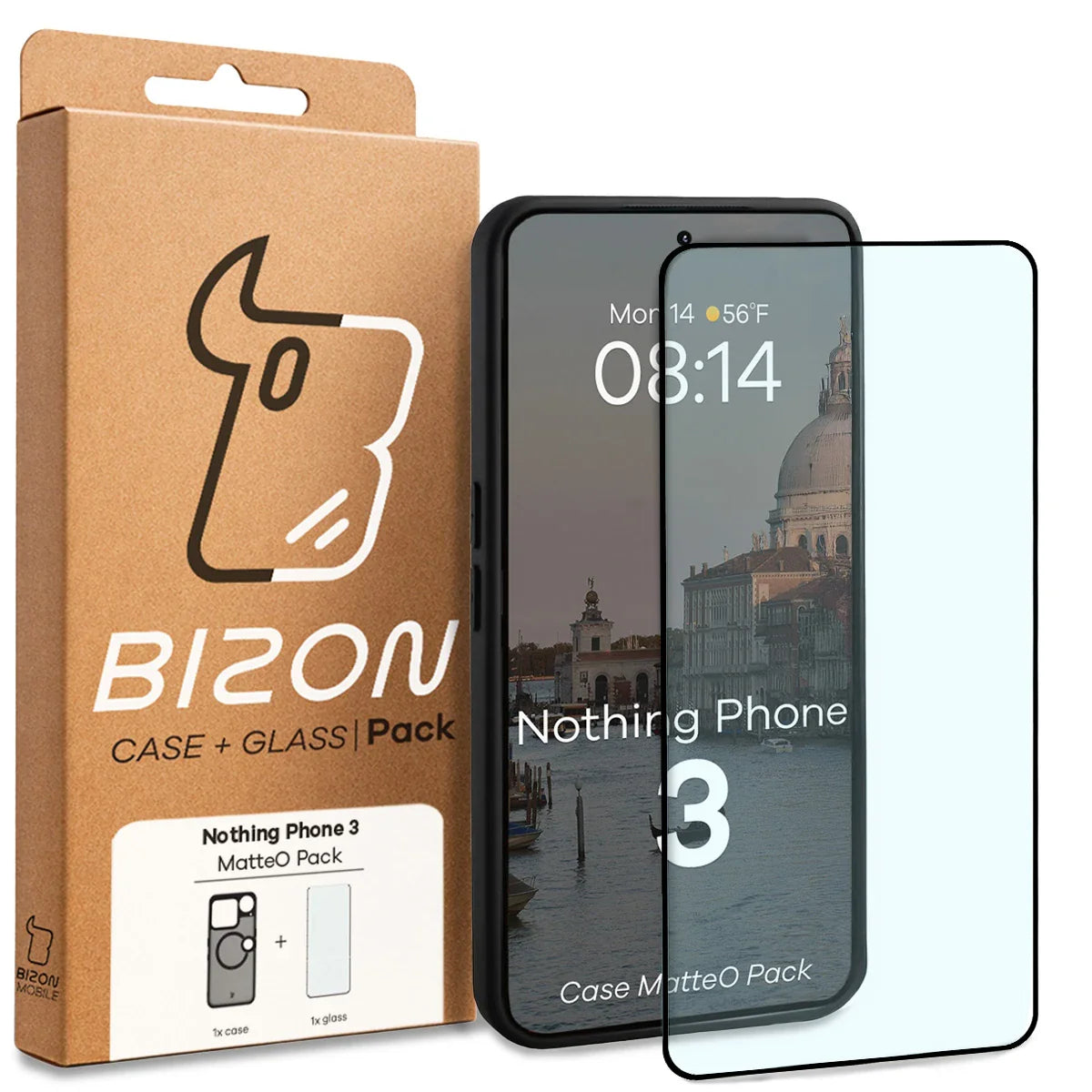 Schutzhülle mit Magnetring + gehärtetem Glas für Nothing Phone (3), Bizon MatteO Pack, Getönt-Schwarz