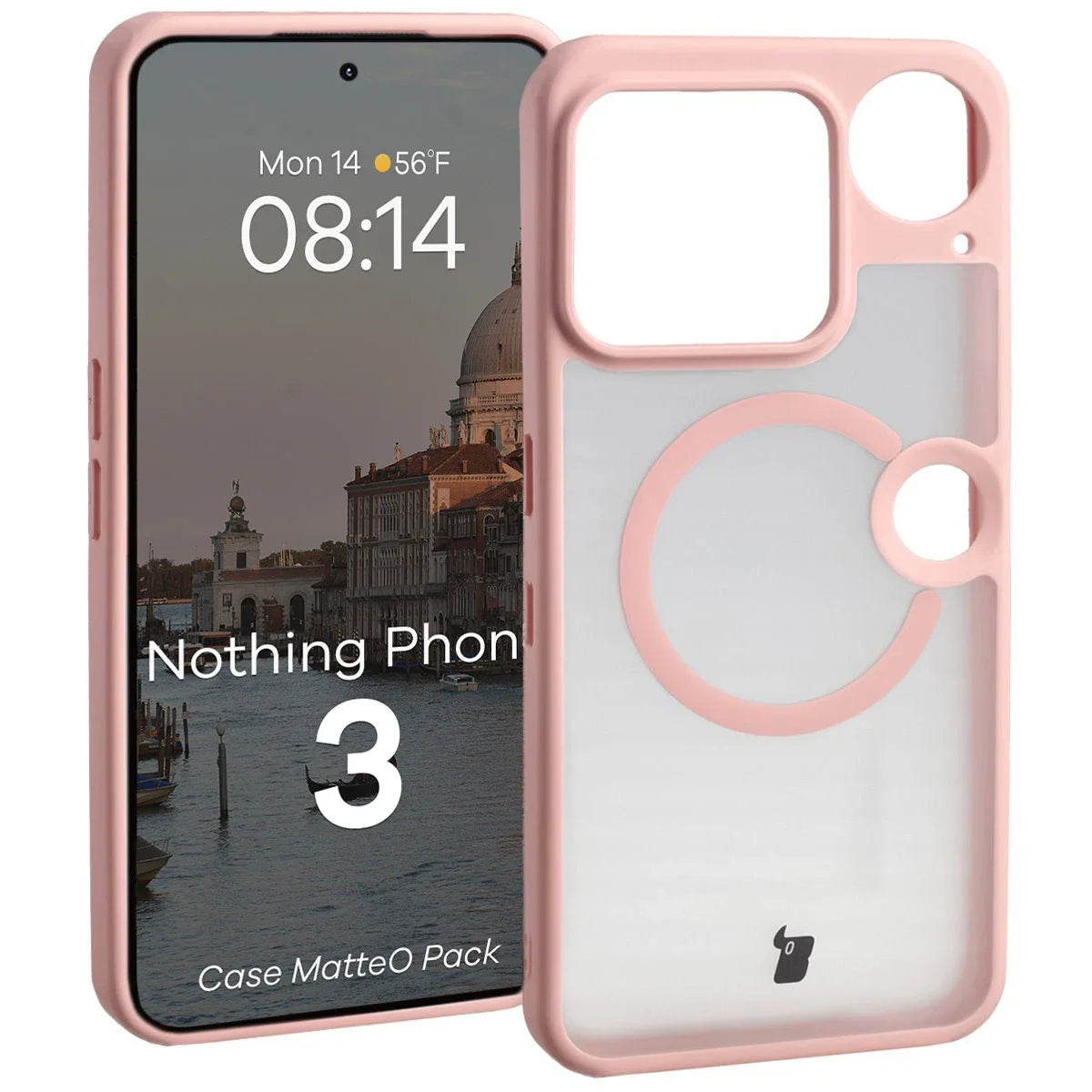 Schutzhülle mit Magnetring + gehärtetem Glas für Nothing Phone (3), Bizon MatteO Pack, Getönt-Hellrosa