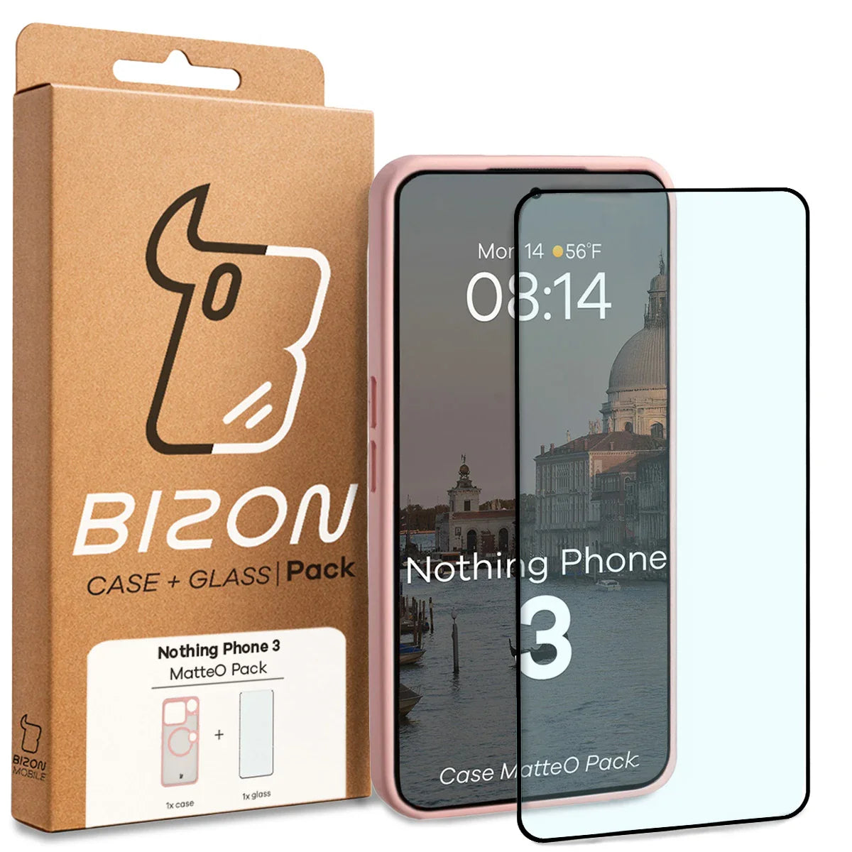 Schutzhülle mit Magnetring + gehärtetem Glas für Nothing Phone (3), Bizon MatteO Pack, Getönt-Hellrosa
