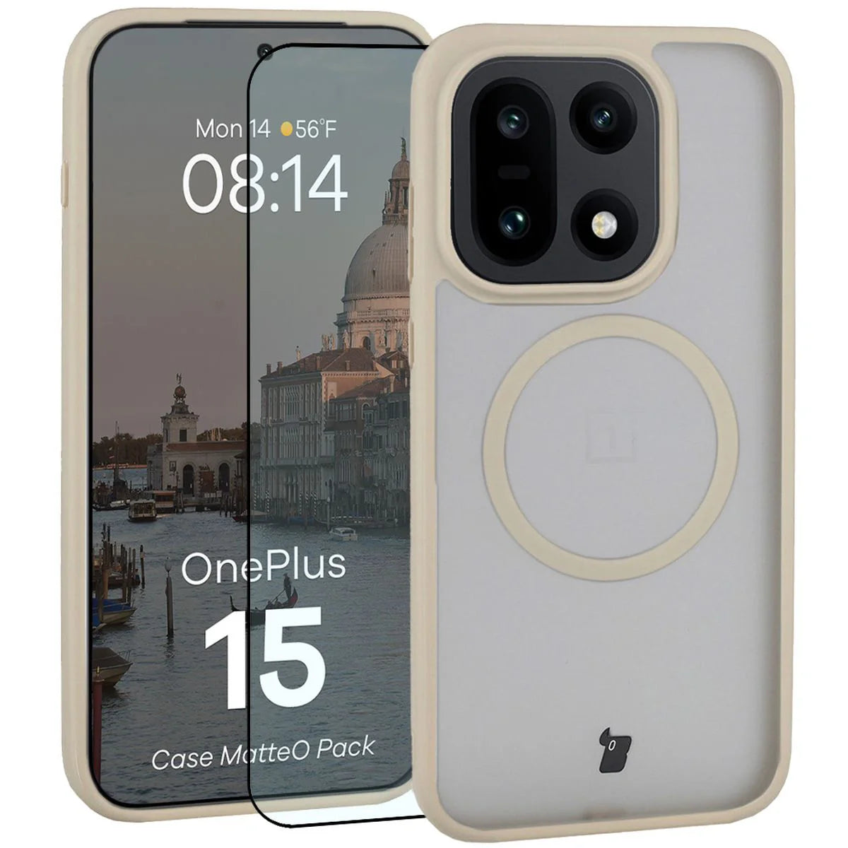 Schutzhülle mit Magnetring + gehärtetem Glas für OnePlus 15, Bizon MatteO Pack, Getönt-Beige