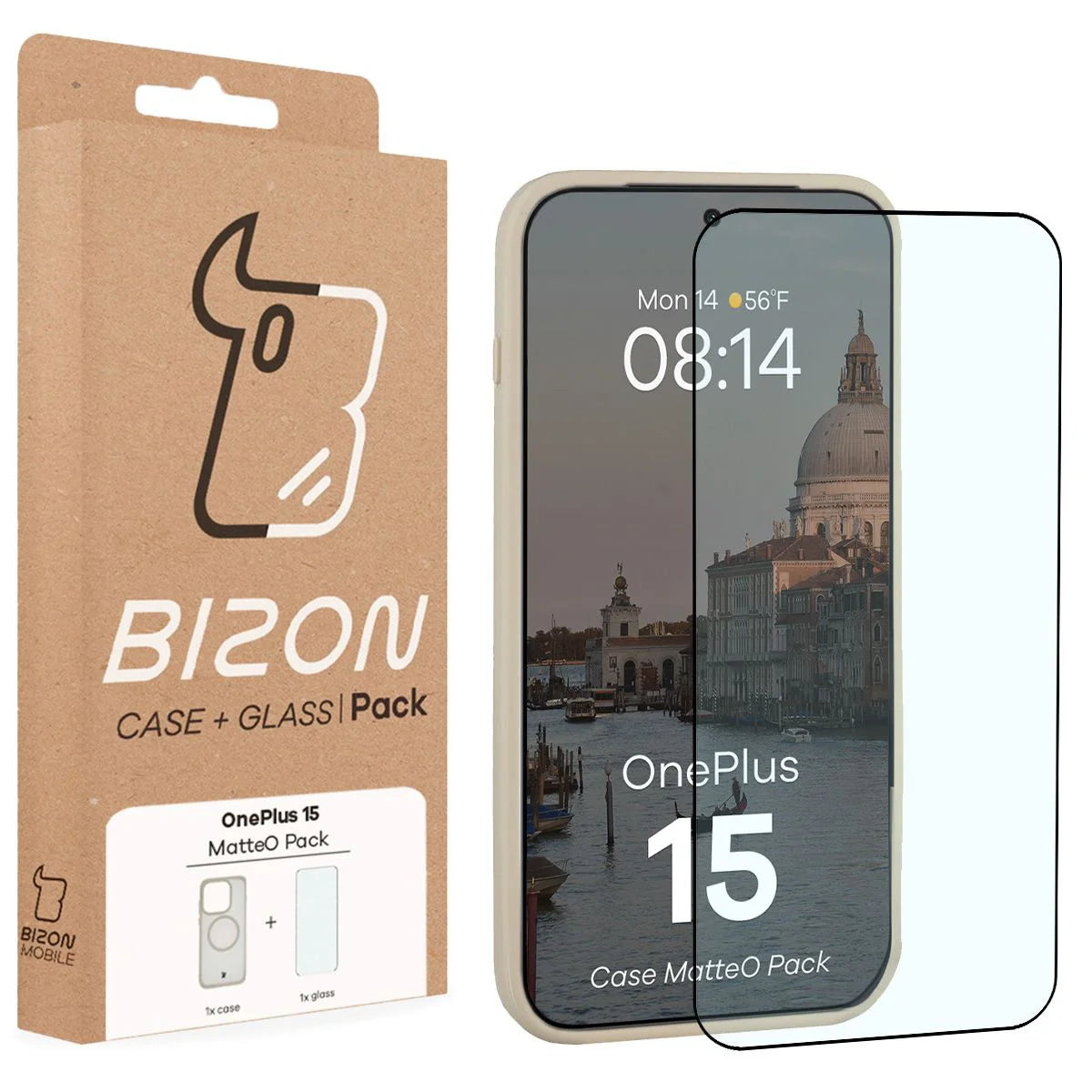 Schutzhülle mit Magnetring + gehärtetem Glas für OnePlus 15, Bizon MatteO Pack, Getönt-Beige