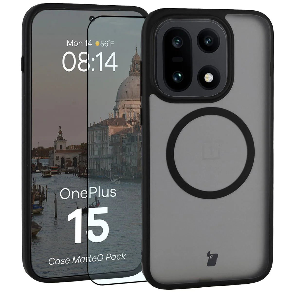 Schutzhülle mit Magnetring + gehärtetem Glas für OnePlus 15, Bizon MatteO Pack, Getönt-Schwarz