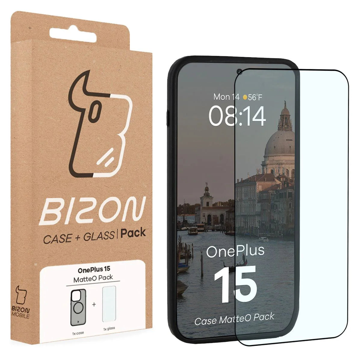 Schutzhülle mit Magnetring + gehärtetem Glas für OnePlus 15, Bizon MatteO Pack, Getönt-Schwarz