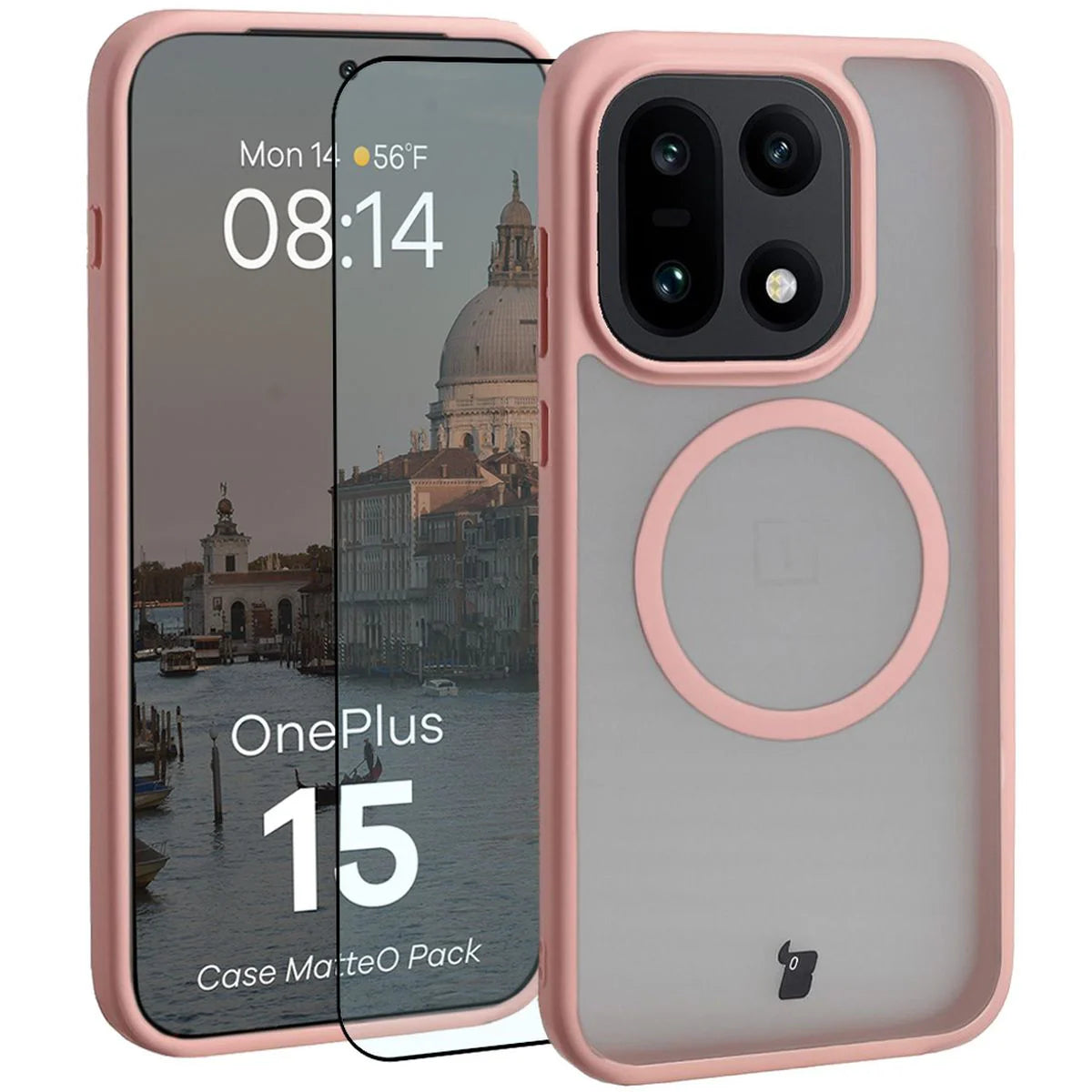 Schutzhülle mit Magnetring + gehärtetem Glas für OnePlus 15, Bizon MatteO Pack, Getönt-Hellrosa