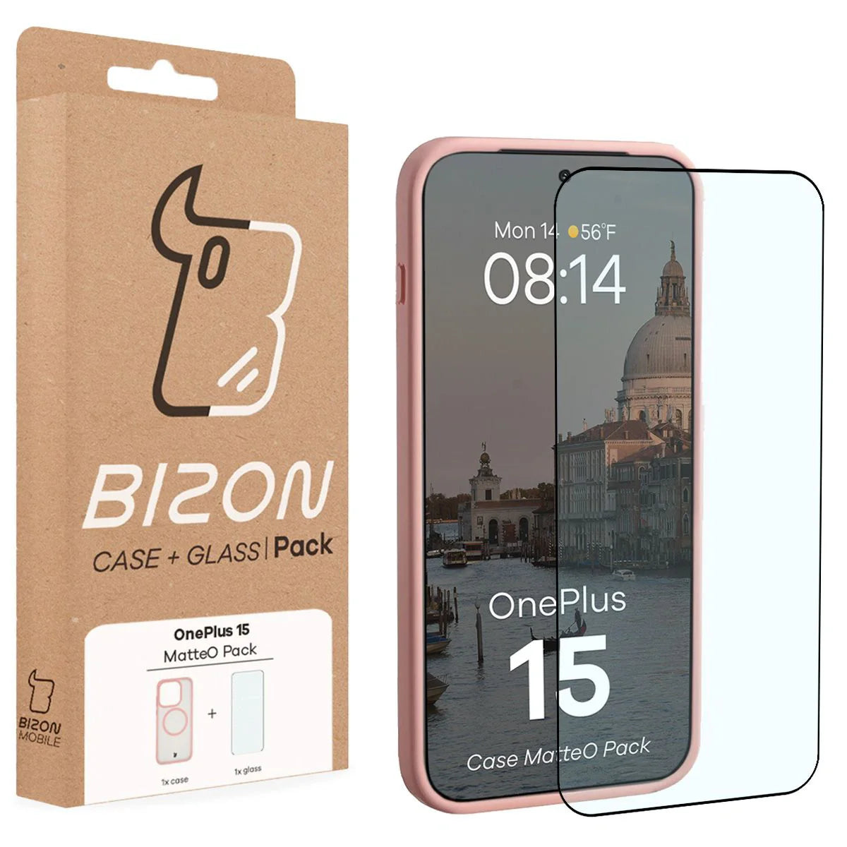 Schutzhülle mit Magnetring + gehärtetem Glas für OnePlus 15, Bizon MatteO Pack, Getönt-Hellrosa