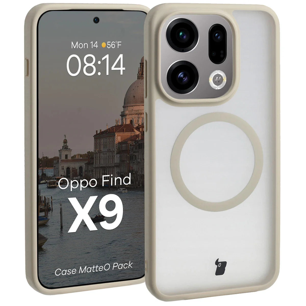 Schutzhülle mit Magnetring + gehärtetem Glas Bizon MatteO Pack für Oppo Find X9, Getönt-Beige