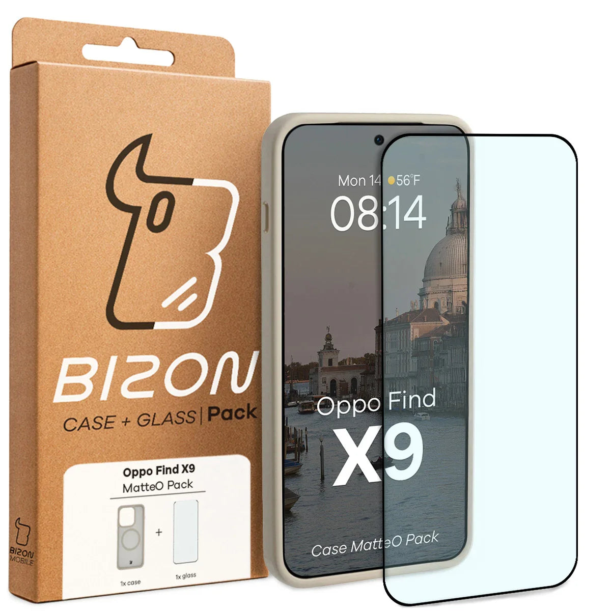 Schutzhülle mit Magnetring + gehärtetem Glas Bizon MatteO Pack für Oppo Find X9, Getönt-Beige