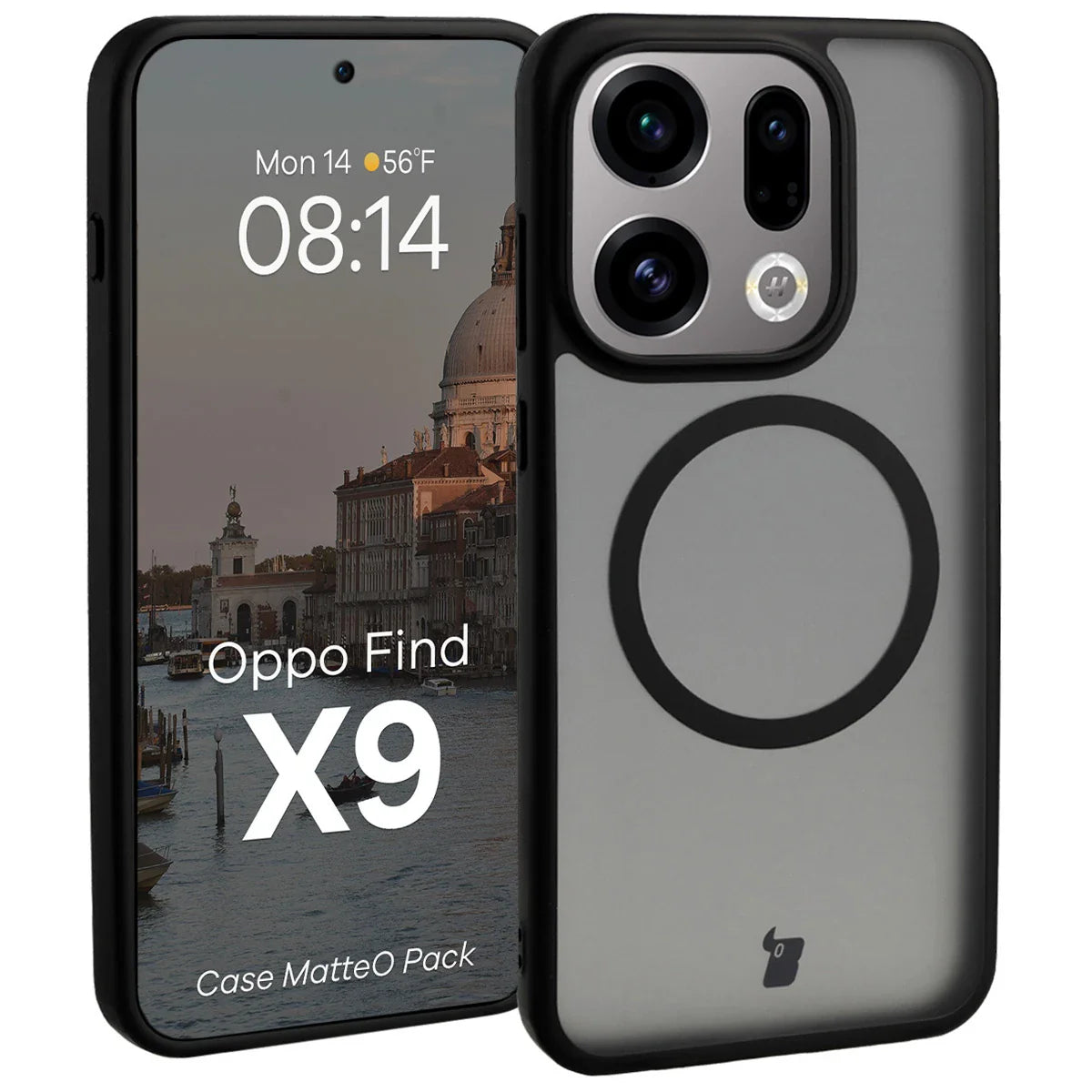 Schutzhülle mit Magnetring + gehärtetem Glas Bizon MatteO Pack für Oppo Find X9, Getönt-Schwarz