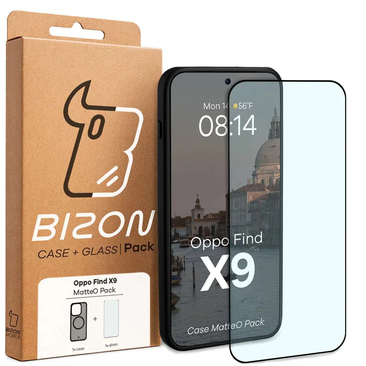 Schutzhülle mit Magnetring + gehärtetem Glas Bizon MatteO Pack für Oppo Find X9, Getönt-Schwarz