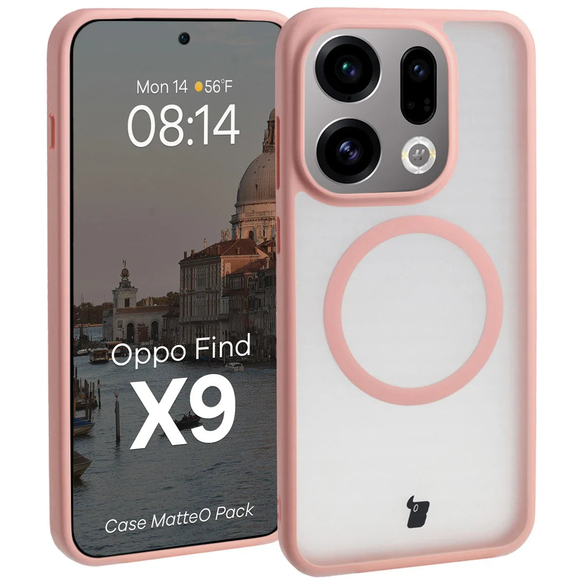 Schutzhülle mit Magnetring + gehärtetem Glas für Oppo Find X9, Bizon MatteO Pack, Getönt-Hellrosa