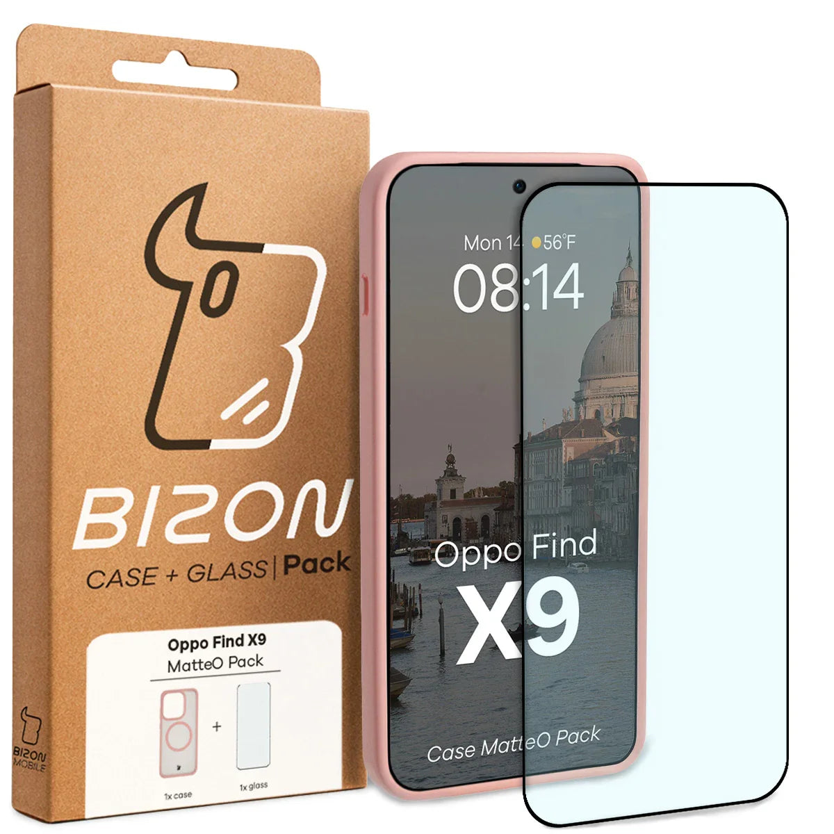 Schutzhülle mit Magnetring + gehärtetem Glas für Oppo Find X9, Bizon MatteO Pack, Getönt-Hellrosa