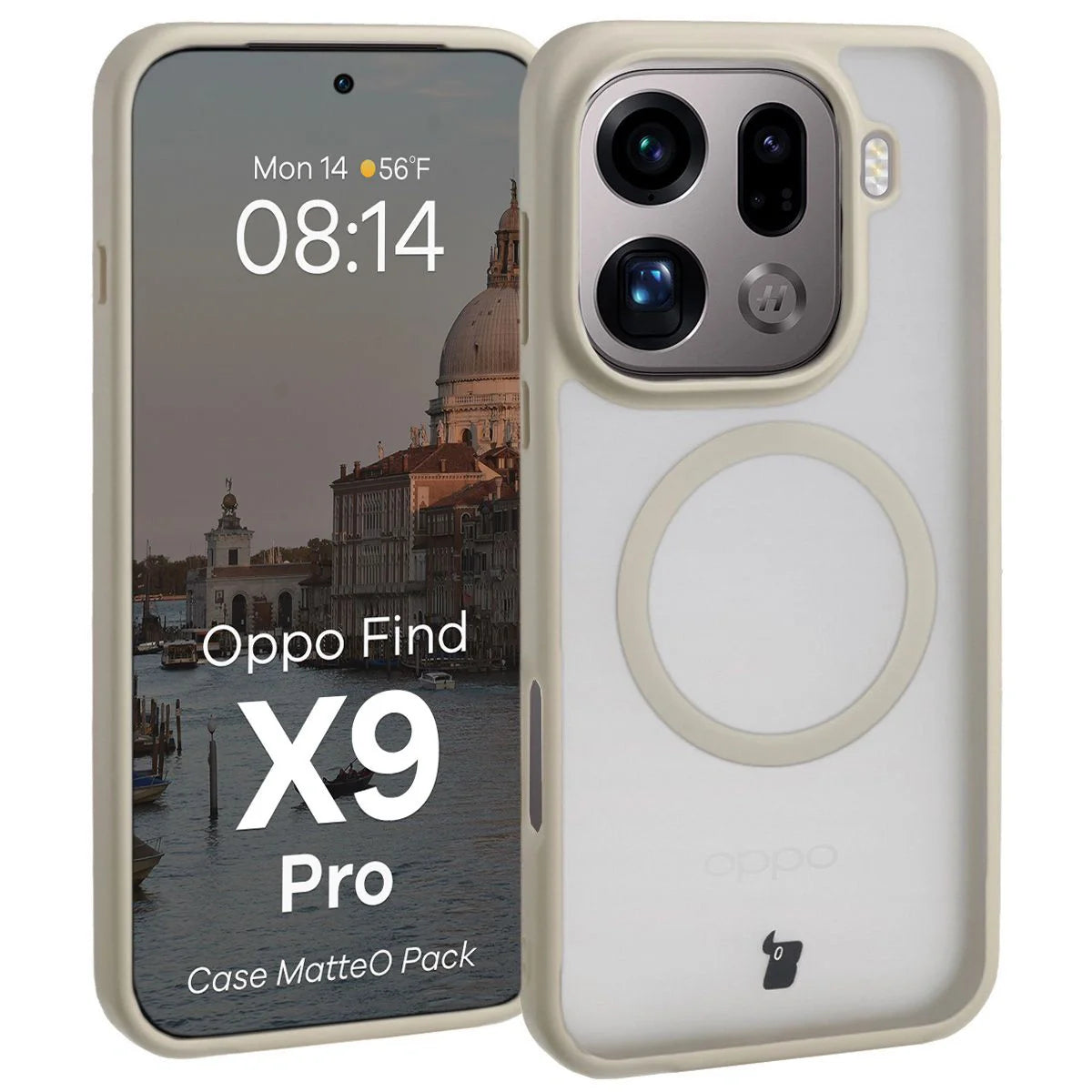 Schutzhülle mit Magnetring + gehärtetem Glas für Oppo Find X9 Pro, Bizon MatteO Pack, Getönt-Beige