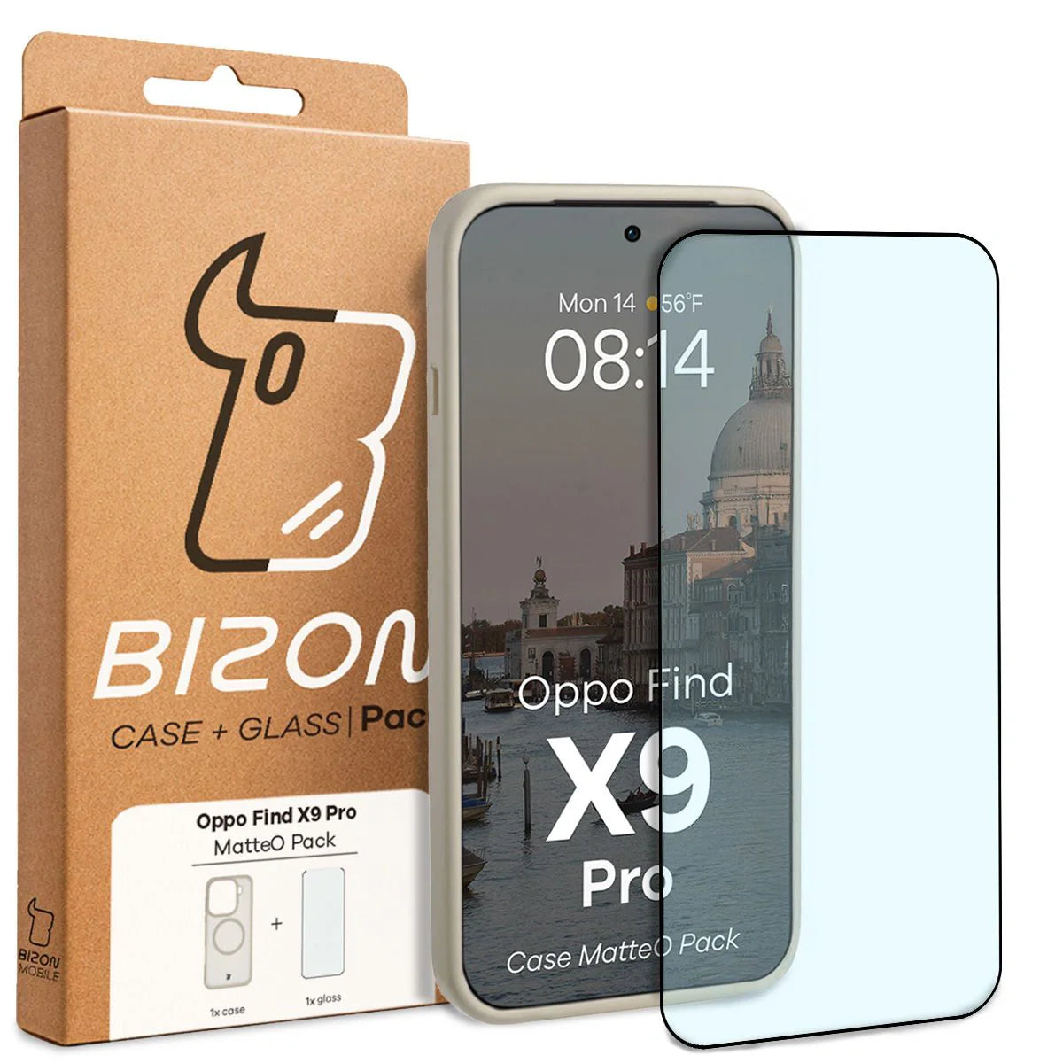 Schutzhülle mit Magnetring + gehärtetem Glas für Oppo Find X9 Pro, Bizon MatteO Pack, Getönt-Beige